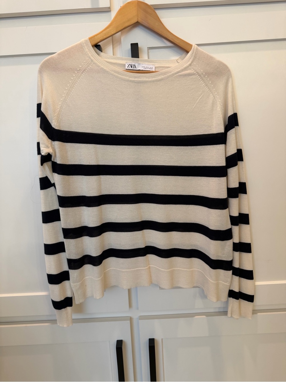 Zara Lightweight Cream & Black Striped Crewneck Sweater
